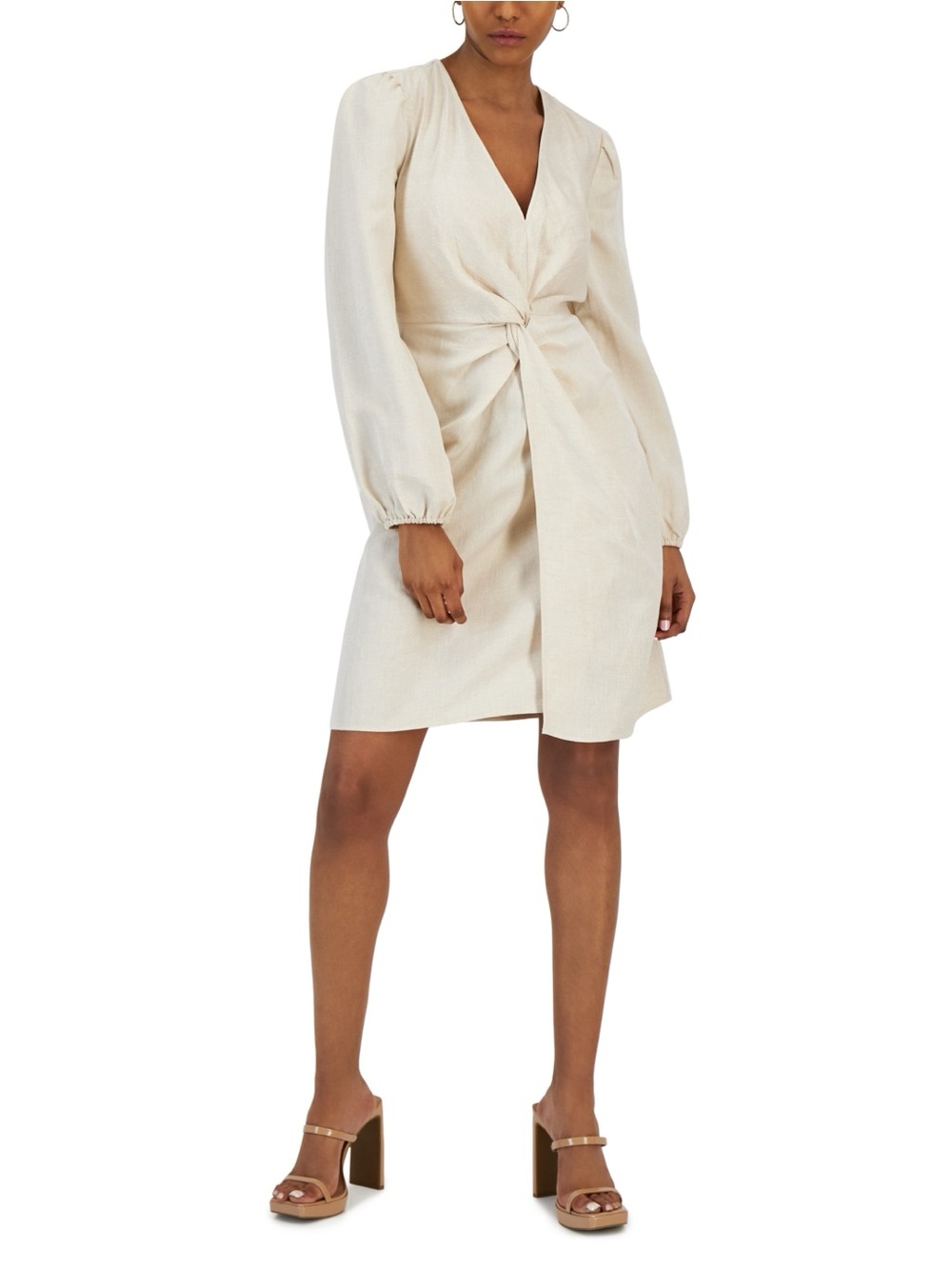 I.N.C V-Neck Long Sleeve Twist Front Linen Dress in Cream